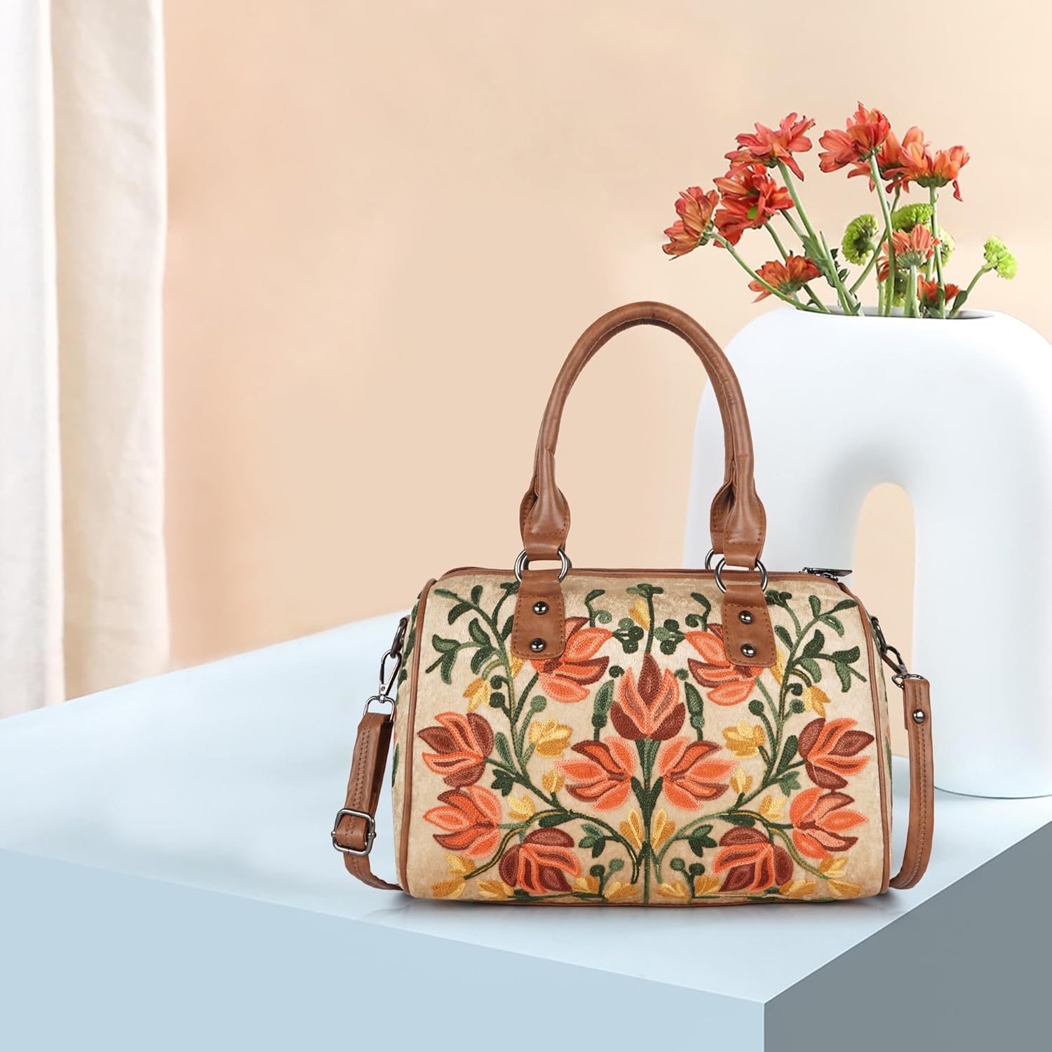 EVEDA Women Floral Embroidered Duffle Shoulder Bag, Vintage Style Handbag with Leather Handles,Sling Strap with Botanical Design