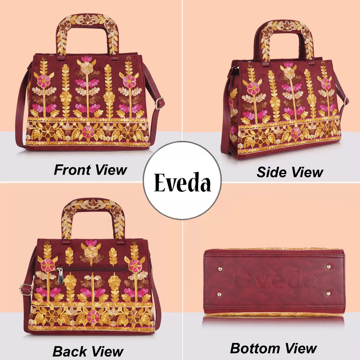 EVEDA Welvet Design Gorgeous Embroidery Stylish Design Shoulder Crossbody Hobo Women Handbag