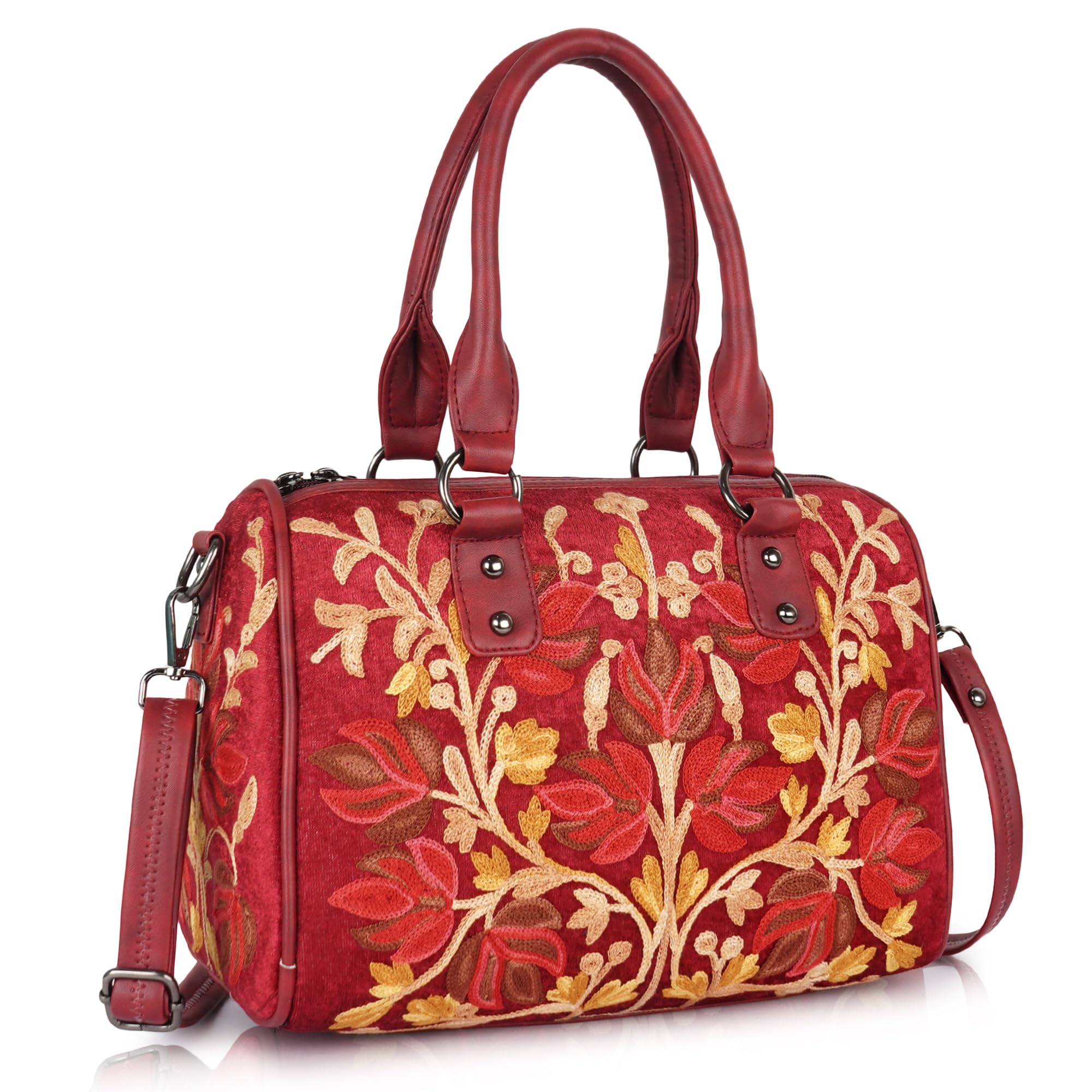 EVEDA Women Floral Embroidered Duffle Shoulder Bag, Vintage Style Handbag with Leather Handles,Sling Strap with Botanical Design