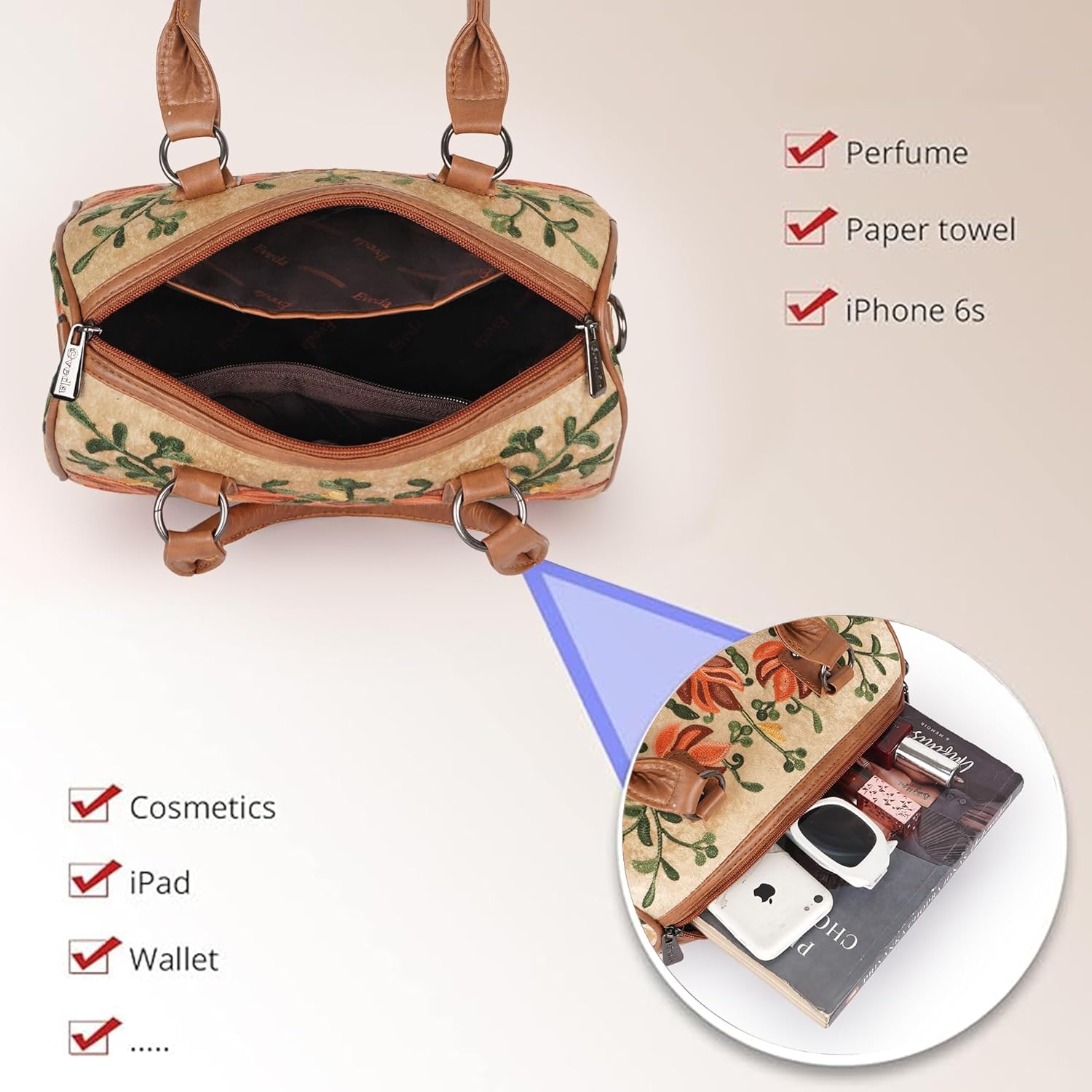 EVEDA Women Floral Embroidered Duffle Shoulder Bag, Vintage Style Handbag with Leather Handles,Sling Strap with Botanical Design