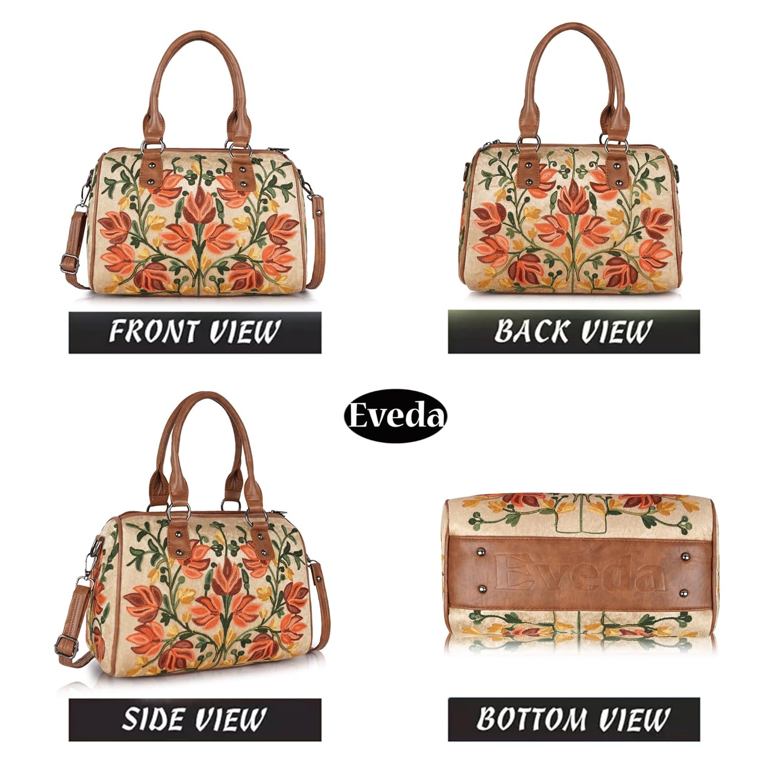 EVEDA Women Floral Embroidered Duffle Shoulder Bag, Vintage Style Handbag with Leather Handles,Sling Strap with Botanical Design