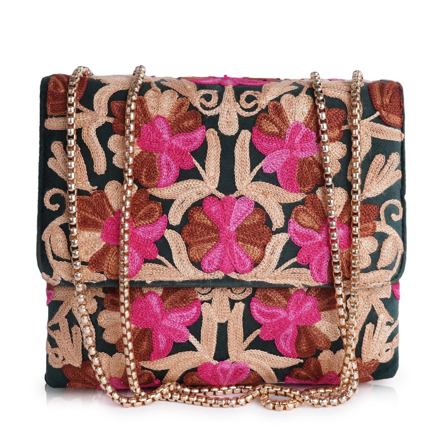 EVEDA Synthetic Leather Stylish Fancy Gorgeous Embroidered Design Crossbody Gold Chain Side Sling Bag For Women