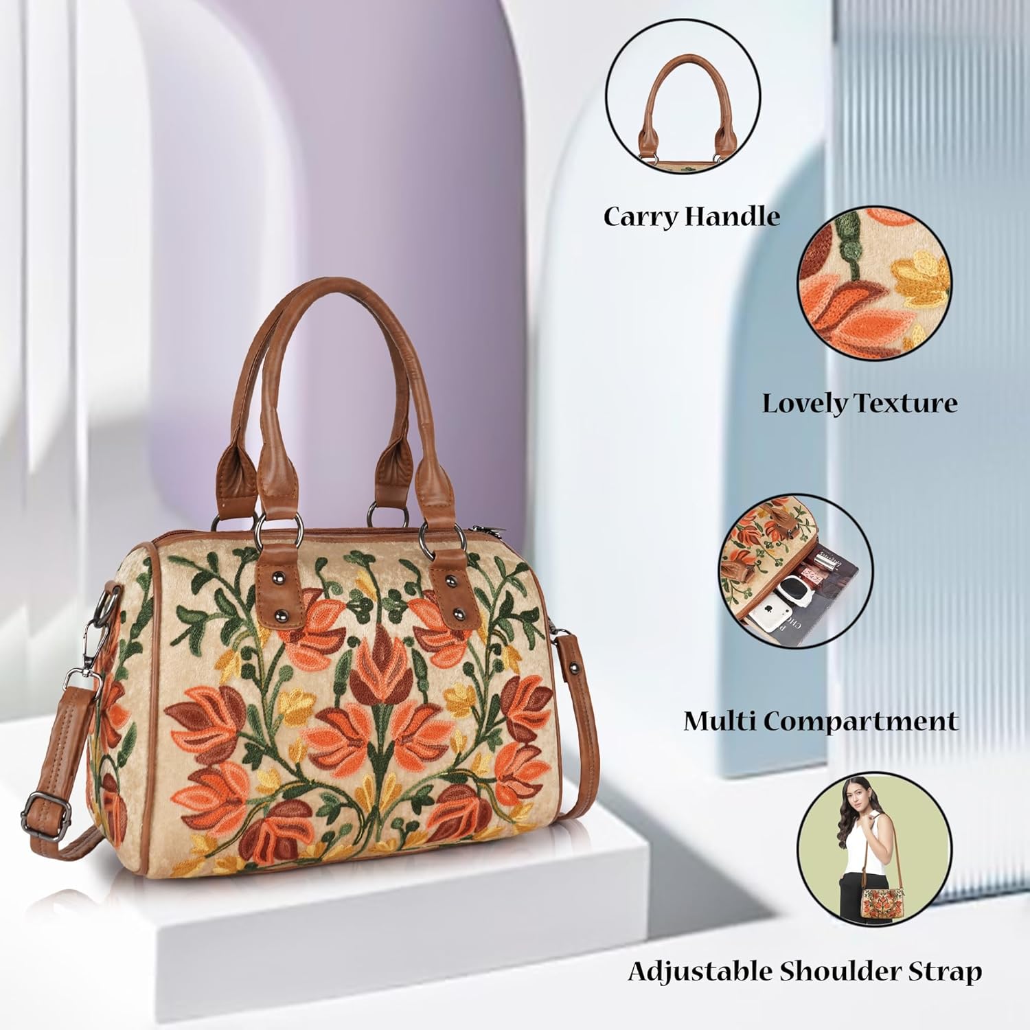 EVEDA Women Floral Embroidered Duffle Shoulder Bag, Vintage Style Handbag with Leather Handles,Sling Strap with Botanical Design