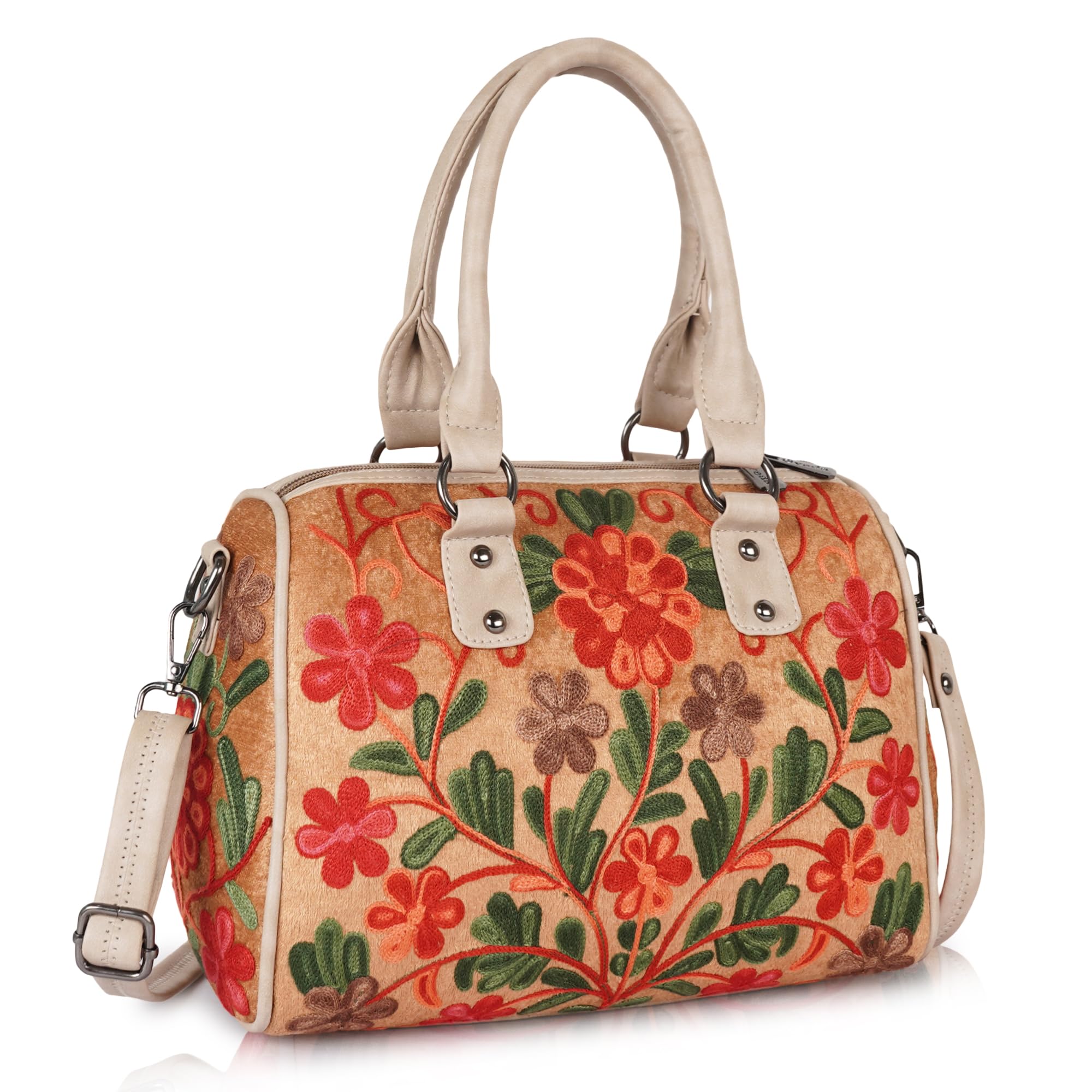 EVEDA Women Floral Embroidered Duffle Shoulder Bag, Vintage Style Handbag with Leather Handles,Sling Strap with Botanical Design