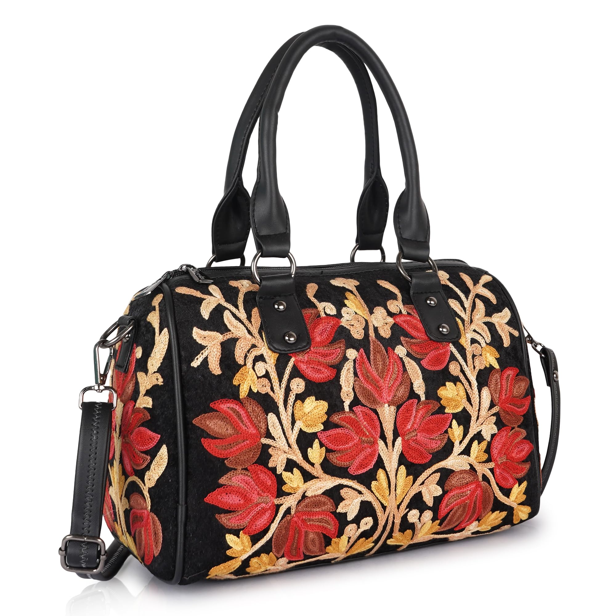 EVEDA Women Floral Embroidered Duffle Shoulder Bag, Vintage Style Handbag with Leather Handles,Sling Strap with Botanical Design