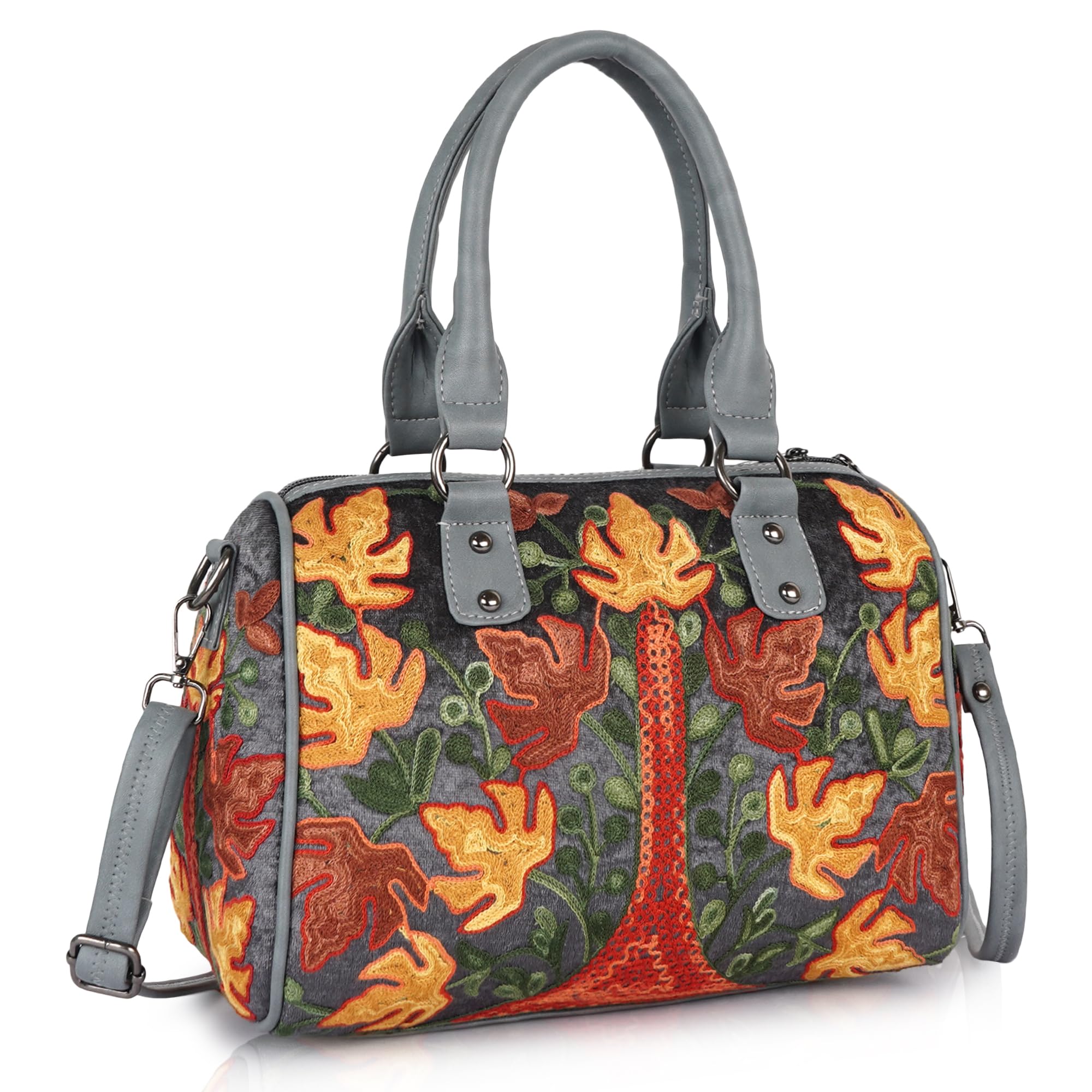 EVEDA Women Floral Embroidered Duffle Shoulder Bag, Vintage Style Handbag with Leather Handles,Sling Strap with Botanical Design