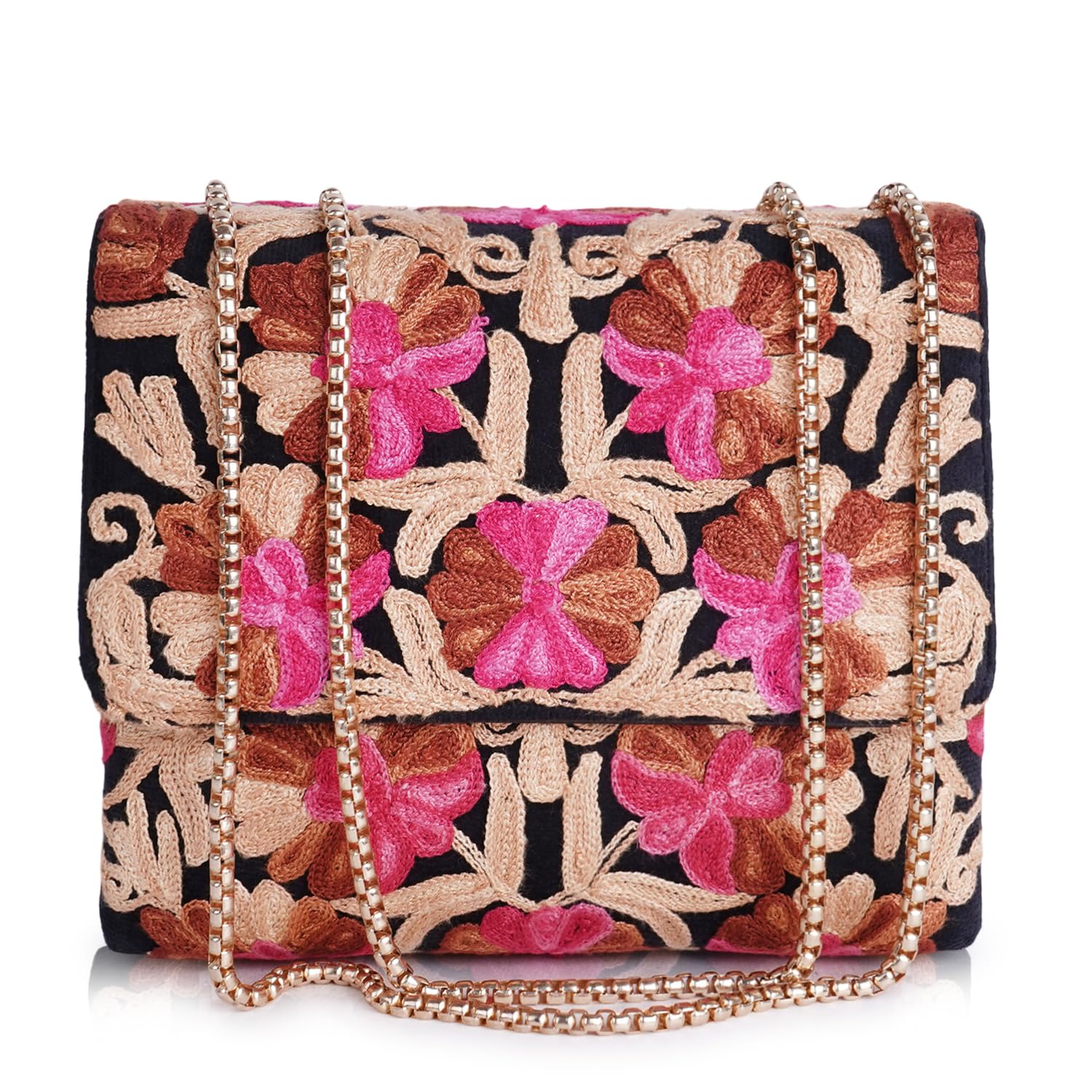 EVEDA Synthetic Leather Stylish Fancy Gorgeous Embroidered Design Crossbody Gold Chain Side Sling Bag For Women