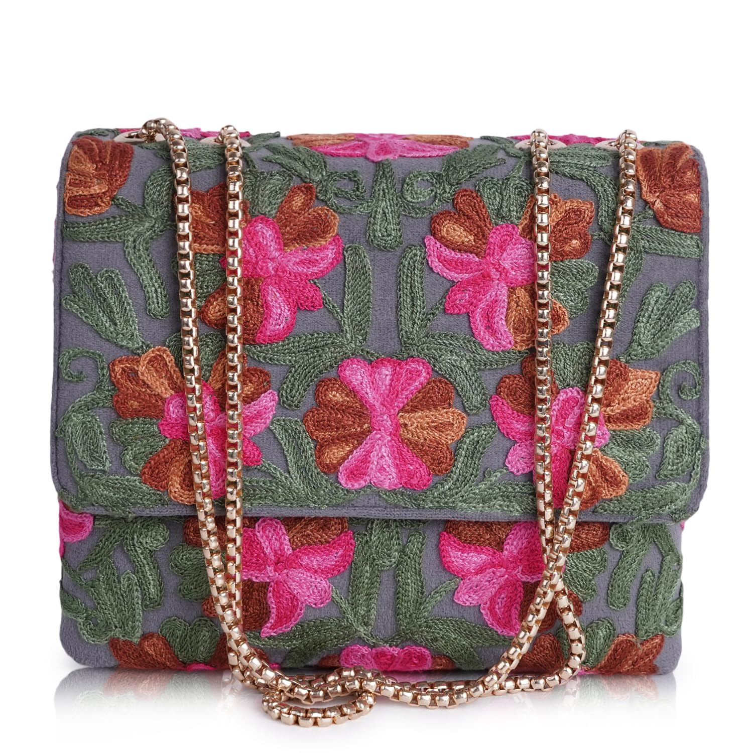 EVEDA Synthetic Leather Stylish Fancy Gorgeous Embroidered Design Crossbody Gold Chain Side Sling Bag For Women