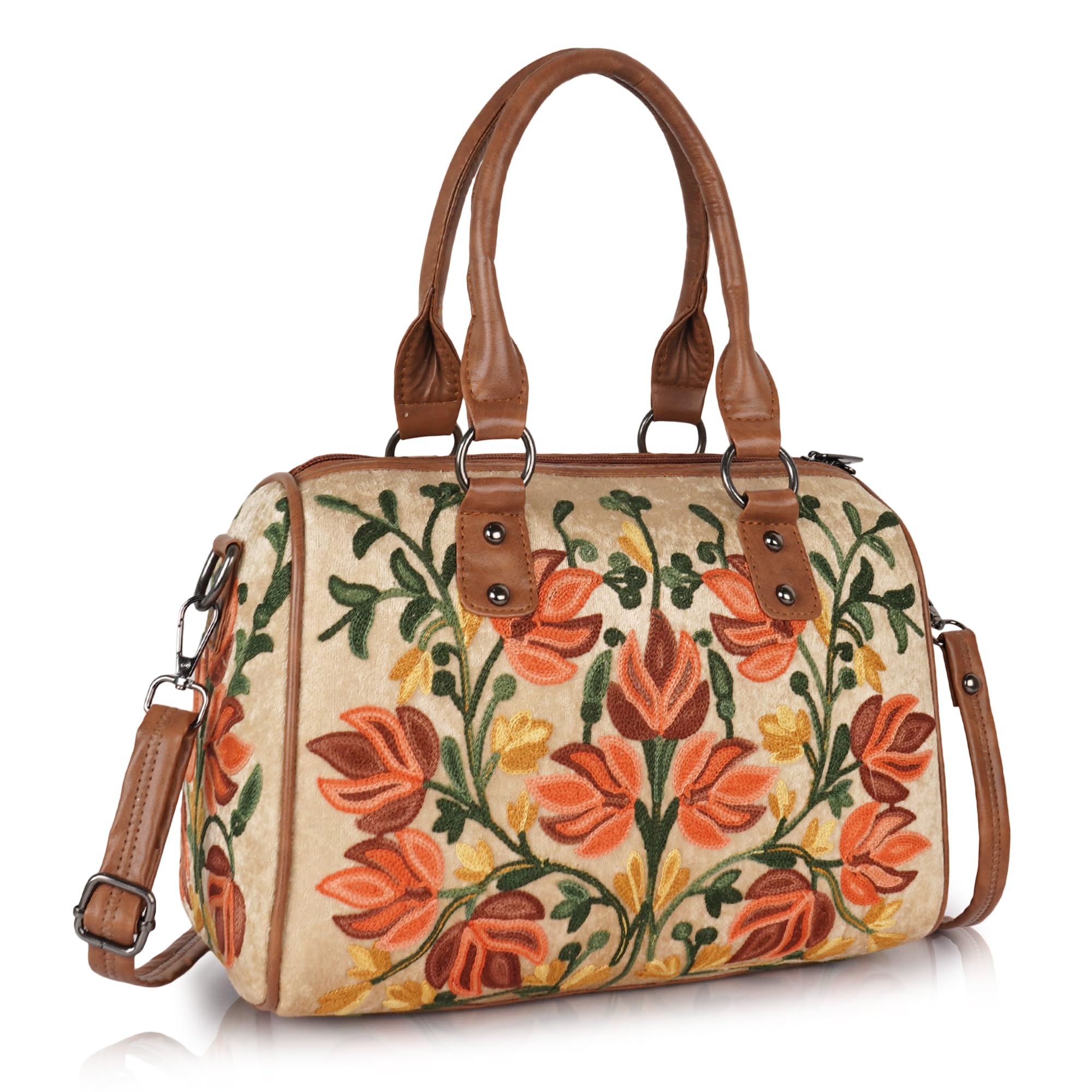 EVEDA Women Floral Embroidered Duffle Shoulder Bag, Vintage Style Handbag with Leather Handles,Sling Strap with Botanical Design